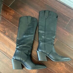 Black Leather Knee-High cowboy Boots